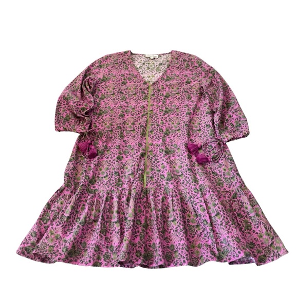 Celina Moon Pink‎ & Green Floral Print Tassels Relaxed Fit Mini Dress Medium - Picture 3 of 10